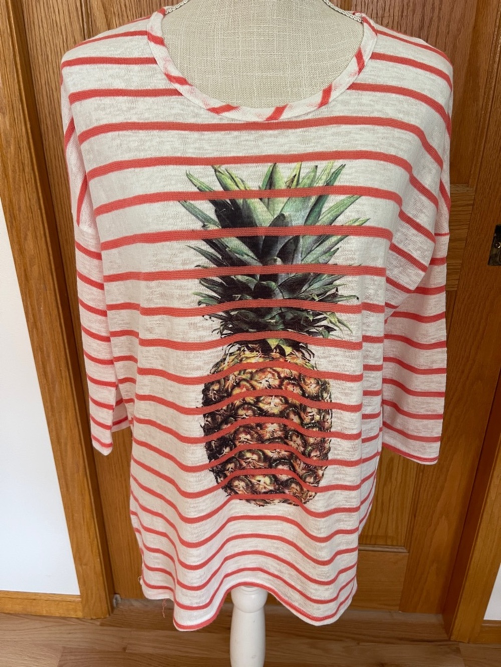 Maison Martin Margiela Coral & White Striped Long Sleeve Pineapple Tee